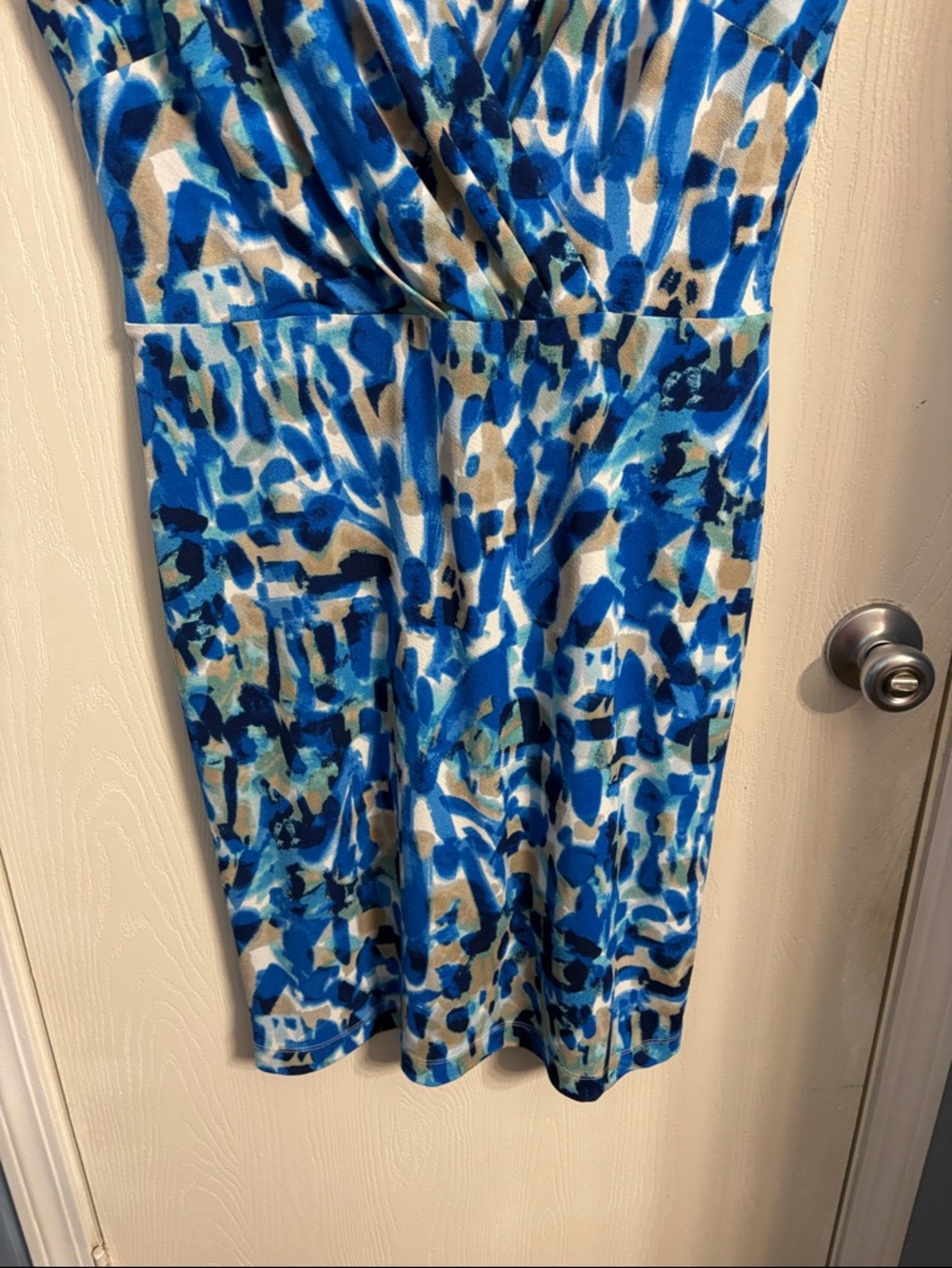 Ann Taylor Blue and Tan Abstract Faux-Wrap Midi Dress - Picture 5 of 8